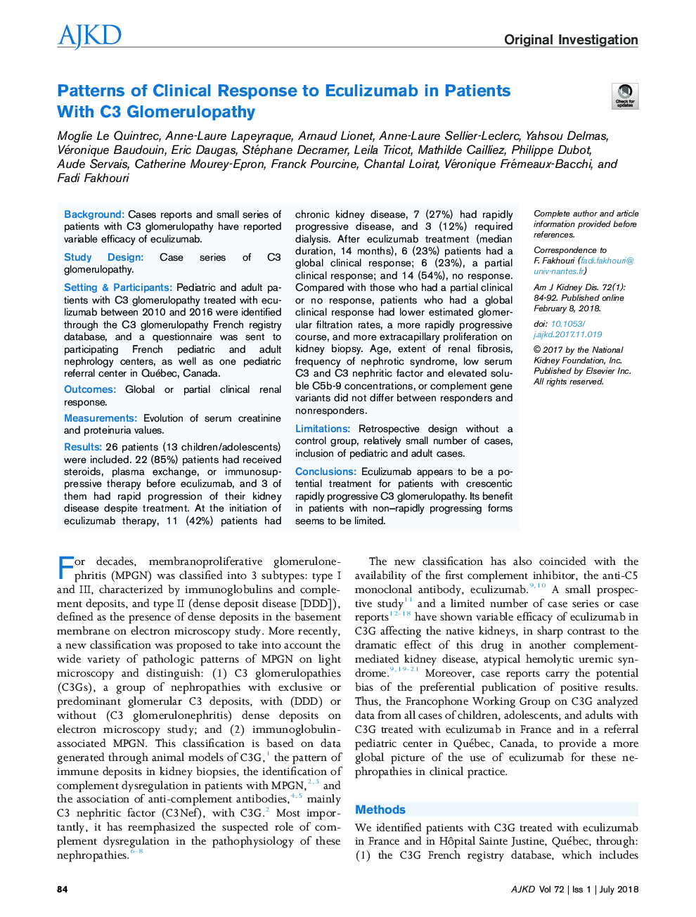 Patterns of Clinical Response to Eculizumab in Patients With C3 Glomerulopathy