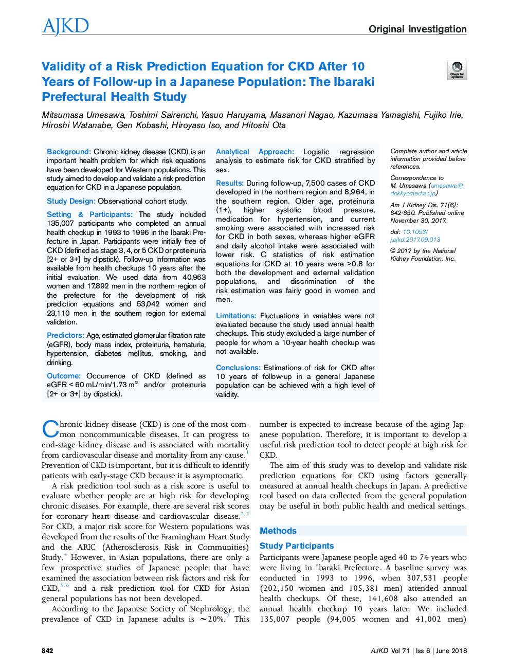 Validity of a Risk Prediction Equation for CKD After 10 Years of Follow-up in a Japanese Population: The Ibaraki Prefectural Health Study