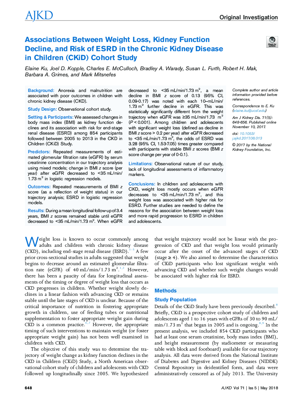 Associations Between Weight Loss, Kidney Function Decline, and Risk of ESRD in the Chronic Kidney Disease in Children (CKiD) Cohort Study