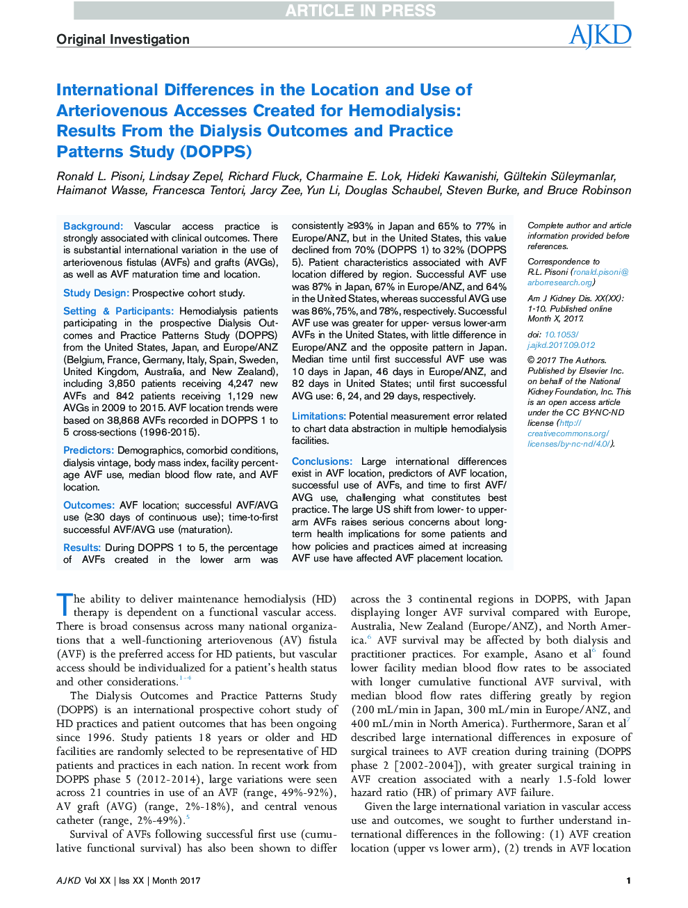 International Differences in the Location and Use of Arteriovenous Accesses Created for Hemodialysis: Results From the Dialysis Outcomes and Practice Patterns Study (DOPPS)