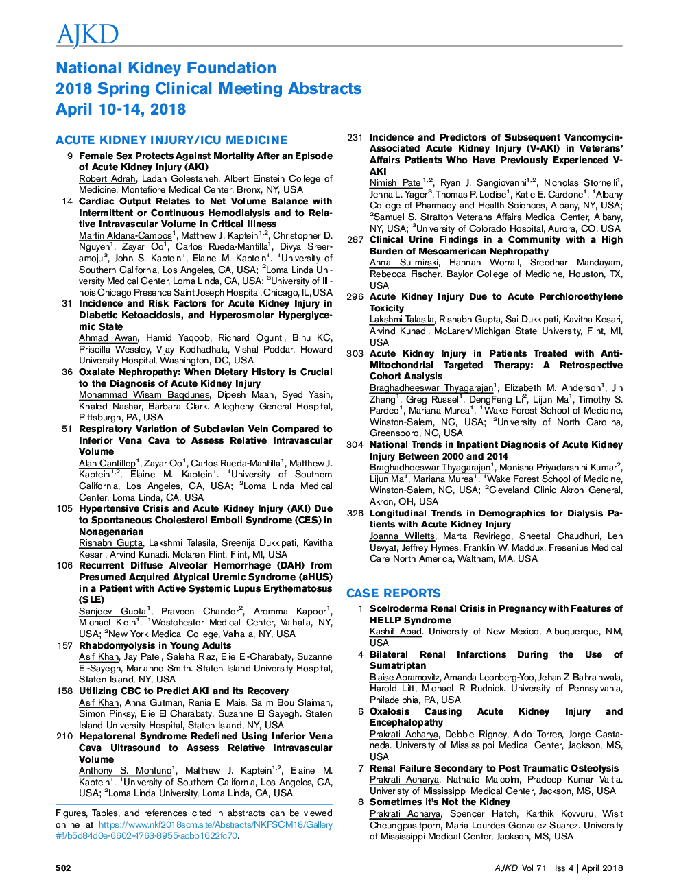 National Kidney Foundation 2018 Spring Clinical Meeting Abstracts April 10-14, 2018