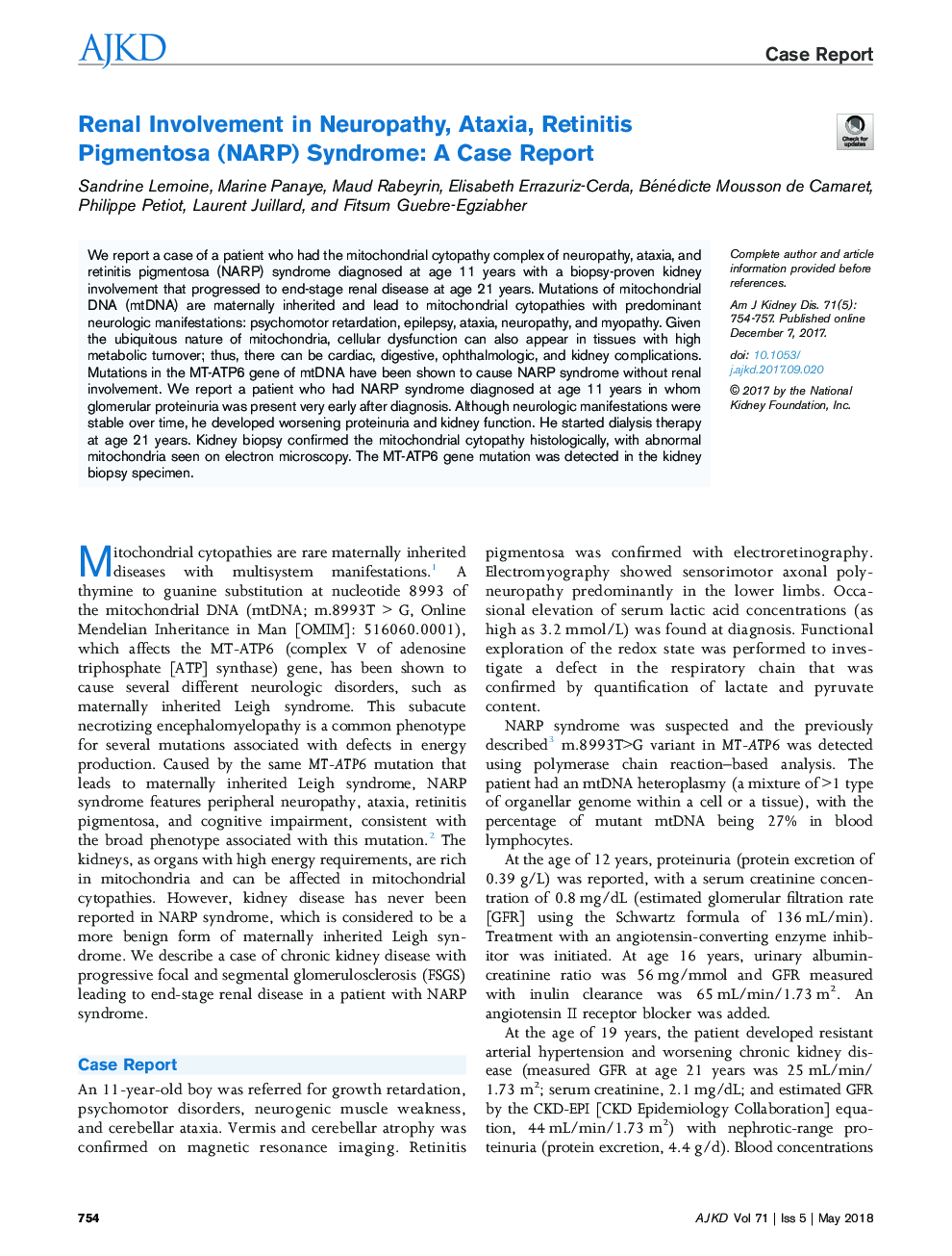 Renal Involvement in Neuropathy, Ataxia, Retinitis Pigmentosa (NARP) Syndrome: A Case Report