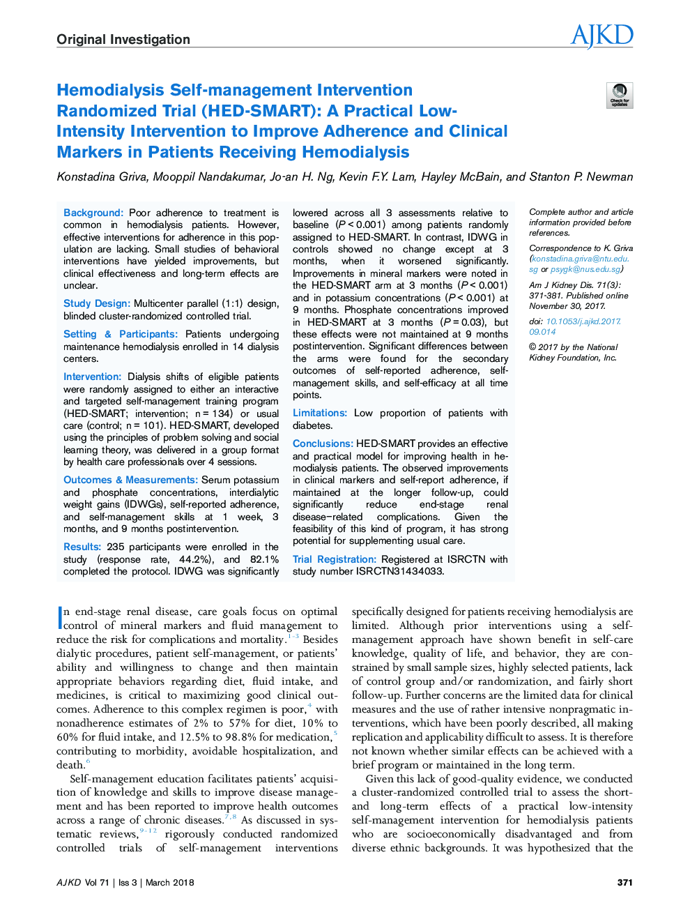 Hemodialysis Self-management Intervention Randomized Trial (HED-SMART): A Practical Low-Intensity Intervention to Improve Adherence and Clinical Markers in Patients Receiving Hemodialysis