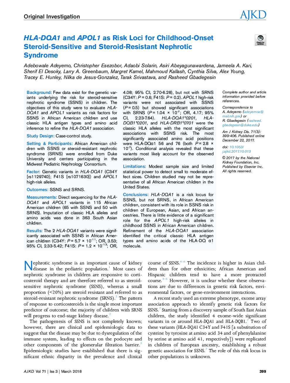 HLA-DQA1 and APOL1 as Risk Loci for Childhood-Onset Steroid-Sensitive and Steroid-Resistant Nephrotic Syndrome