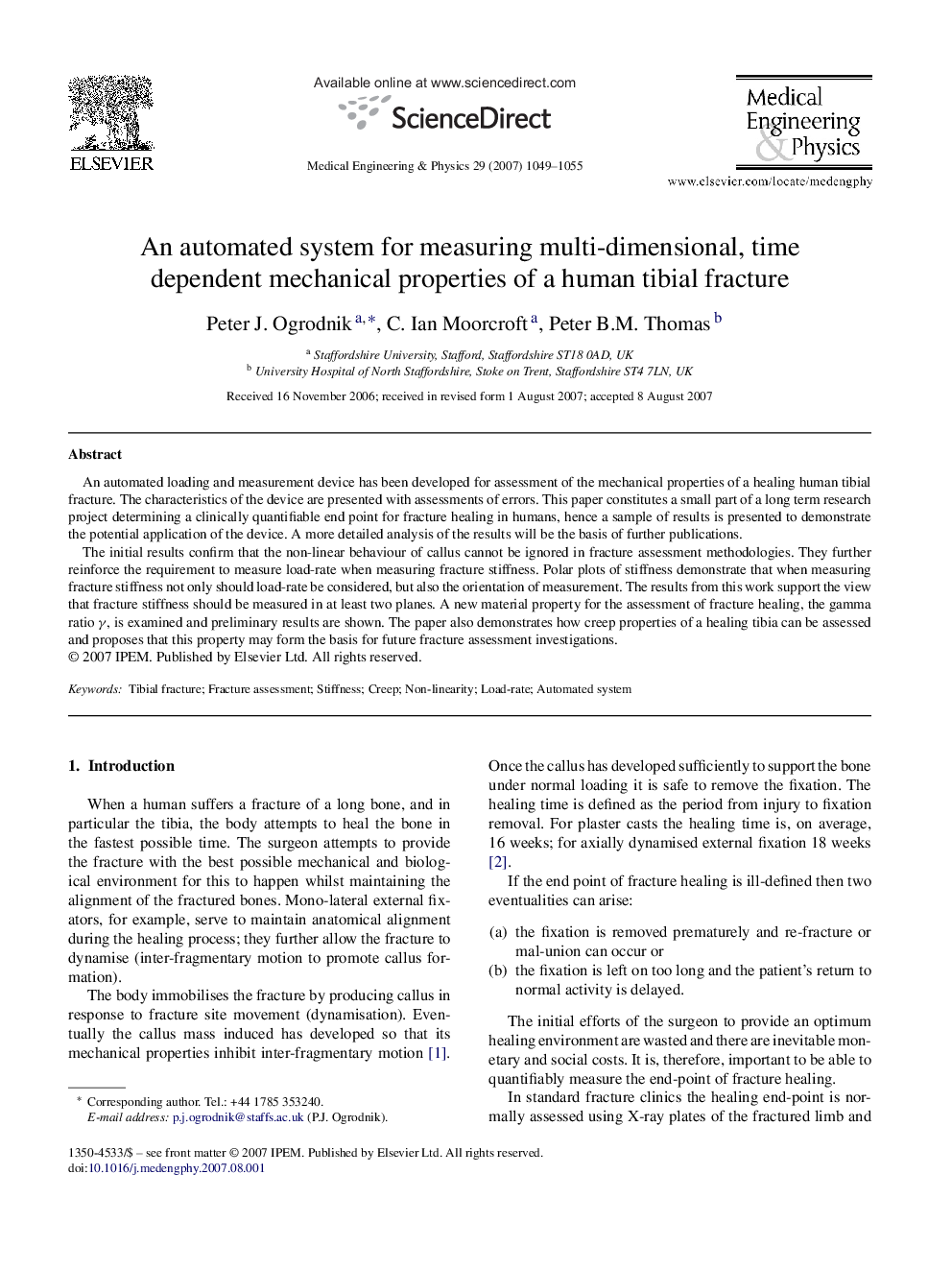 عکس صفحه اول مقاله: An automated system for measuring multi-dimensional, time dependent mechanical properties of a human tibial fracture An automated system for measuring multi-dimensional, time dependent mechanical properties of a human tibial fracture
