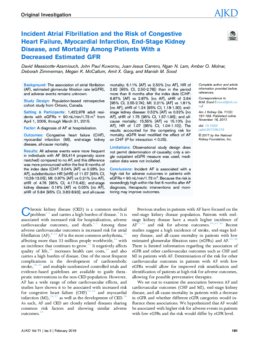 Incident Atrial Fibrillation and the Risk of Congestive Heart Failure, Myocardial Infarction, End-Stage Kidney Disease, and Mortality Among Patients With a DecreasedÂ Estimated GFR