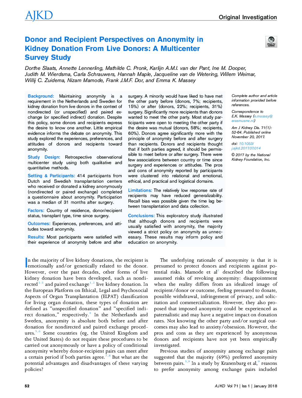 Donor and Recipient Perspectives on Anonymity in Kidney Donation From Live Donors: A Multicenter SurveyÂ Study