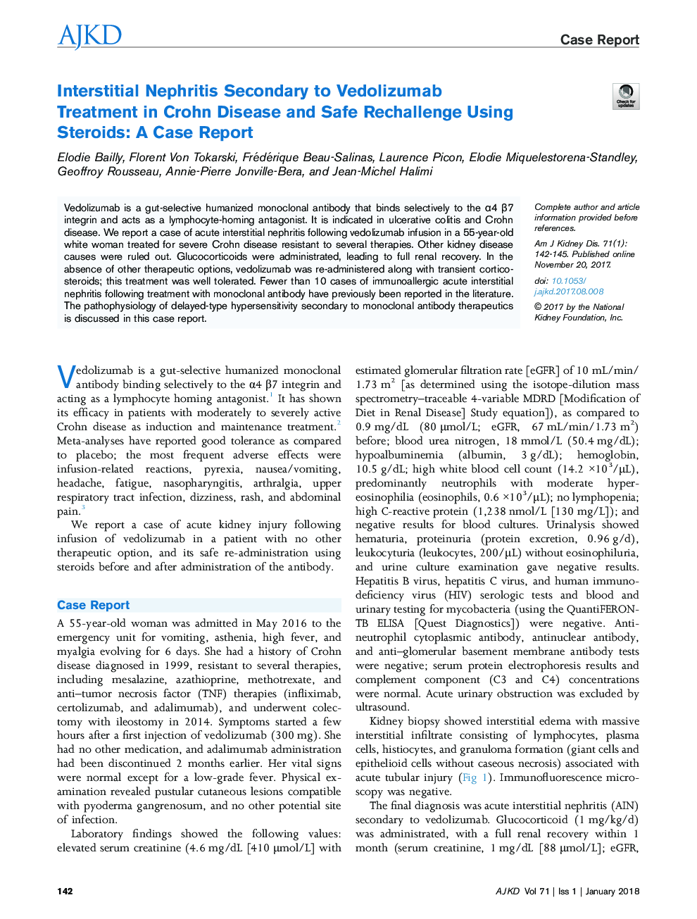 Interstitial Nephritis Secondary to Vedolizumab Treatment in Crohn Disease and Safe Rechallenge Using Steroids: A Case Report