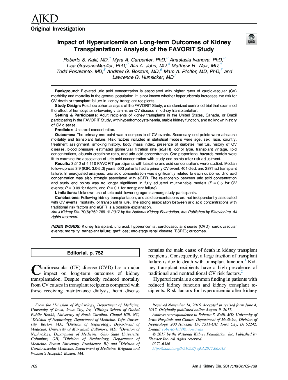 Impact of Hyperuricemia on Long-term Outcomes of Kidney Transplantation: Analysis of the FAVORIT Study