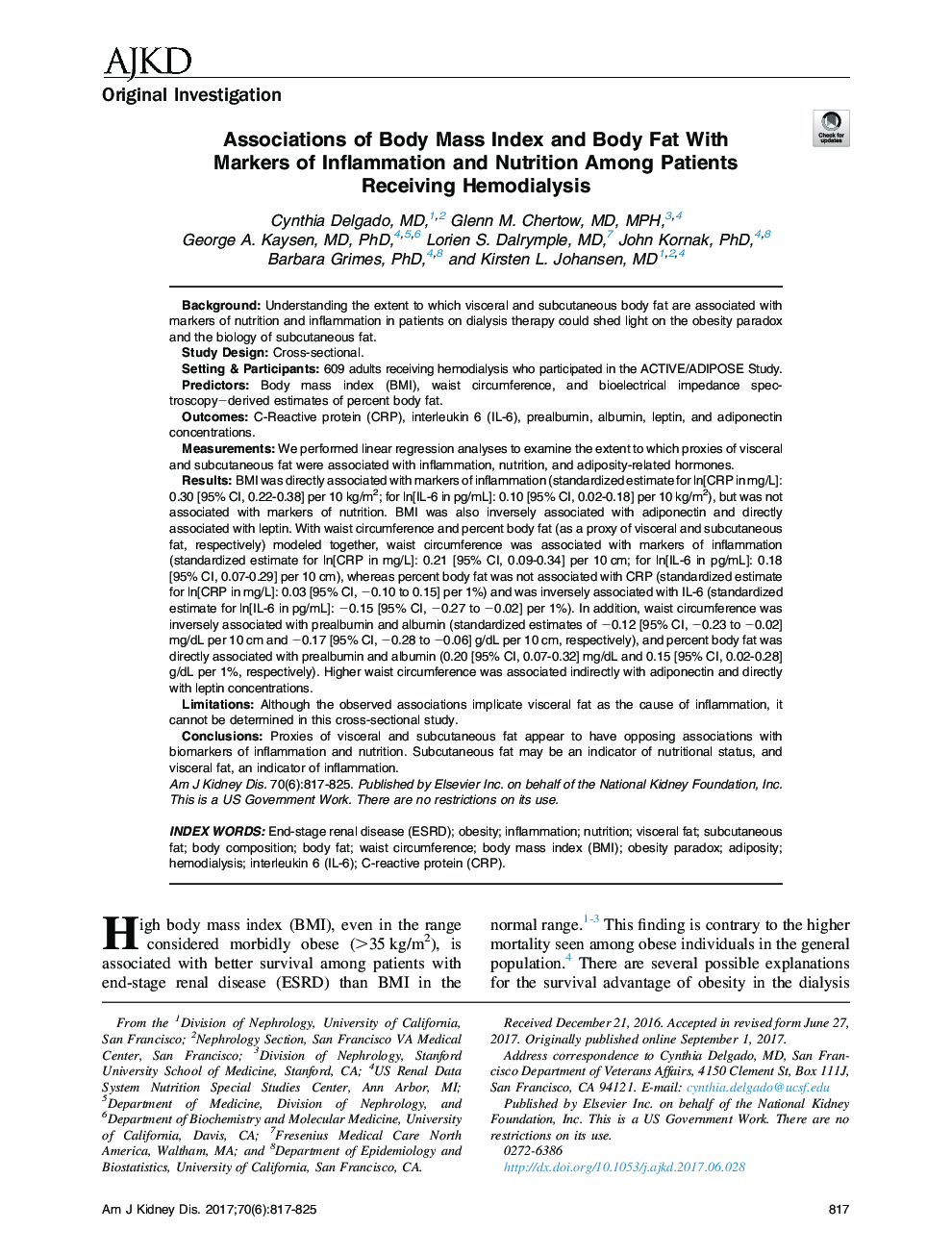 Associations of Body Mass Index and Body Fat With MarkersÂ ofÂ Inflammation and Nutrition Among Patients ReceivingÂ Hemodialysis