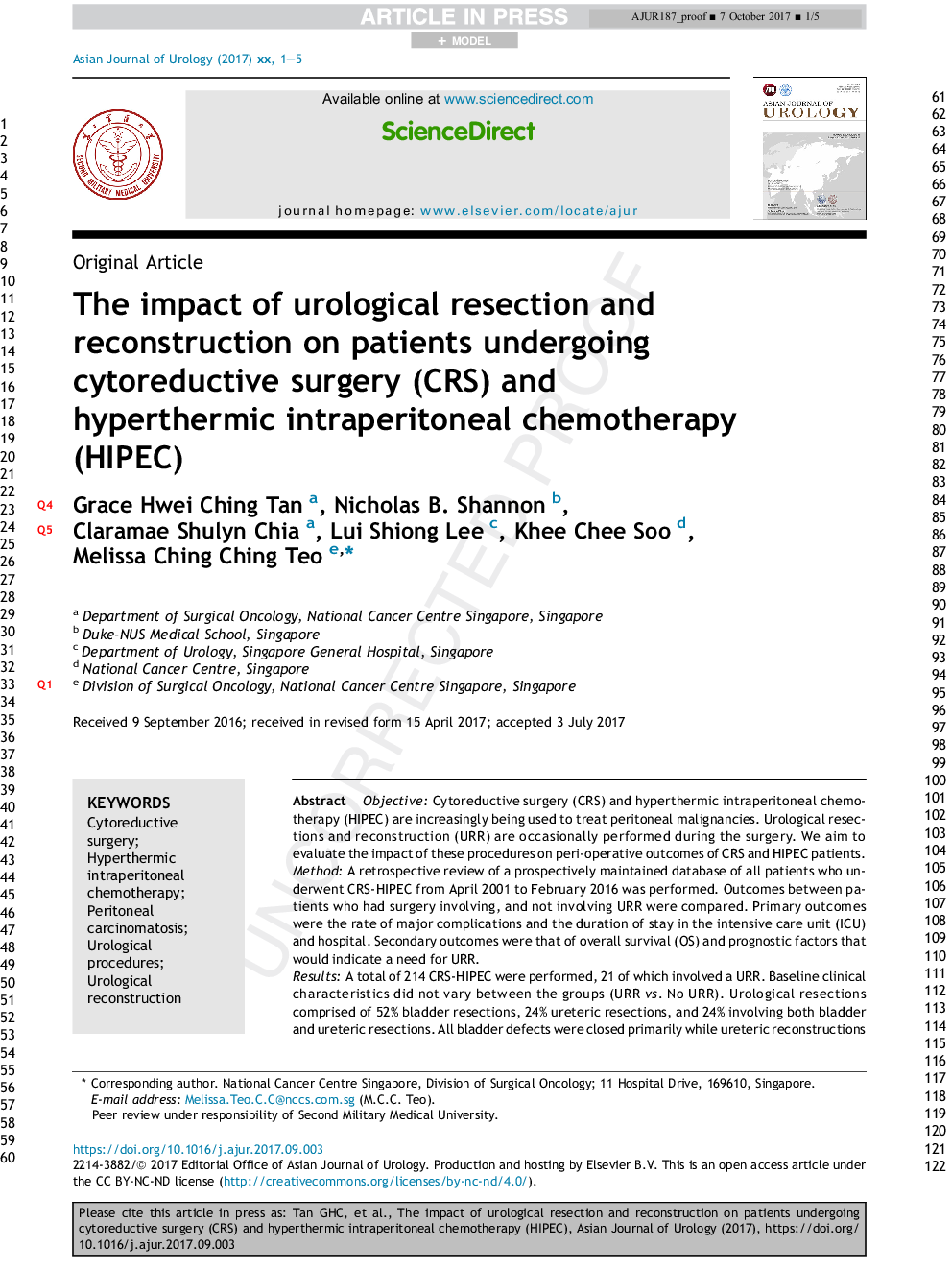 The impact of urological resection and reconstruction on patients undergoing cytoreductive surgery (CRS) and hyperthermic intraperitoneal chemotherapy (HIPEC)