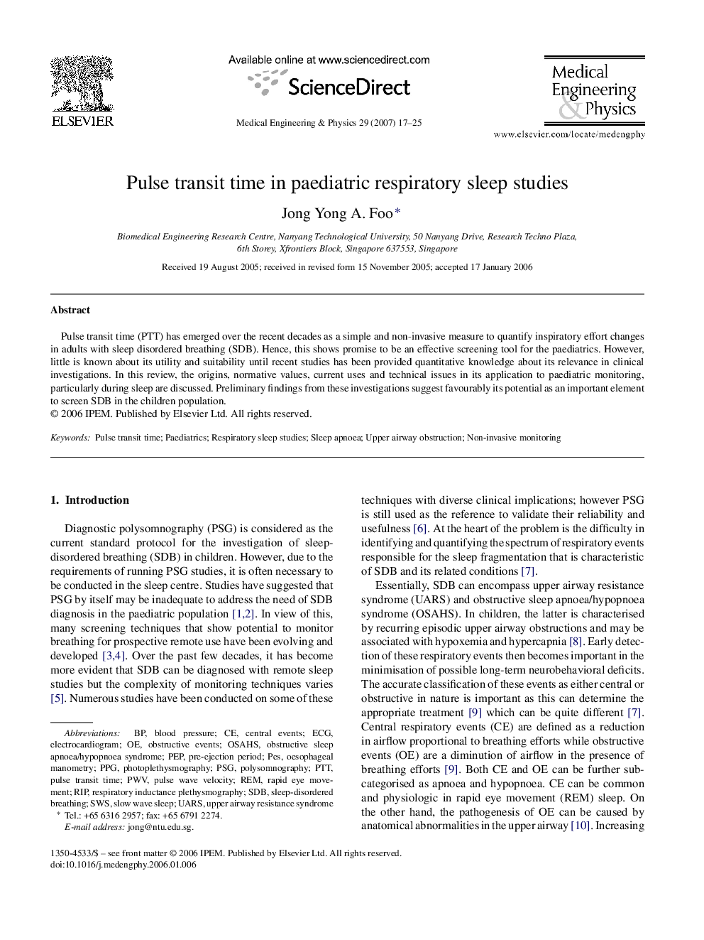 Pulse transit time in paediatric respiratory sleep studies