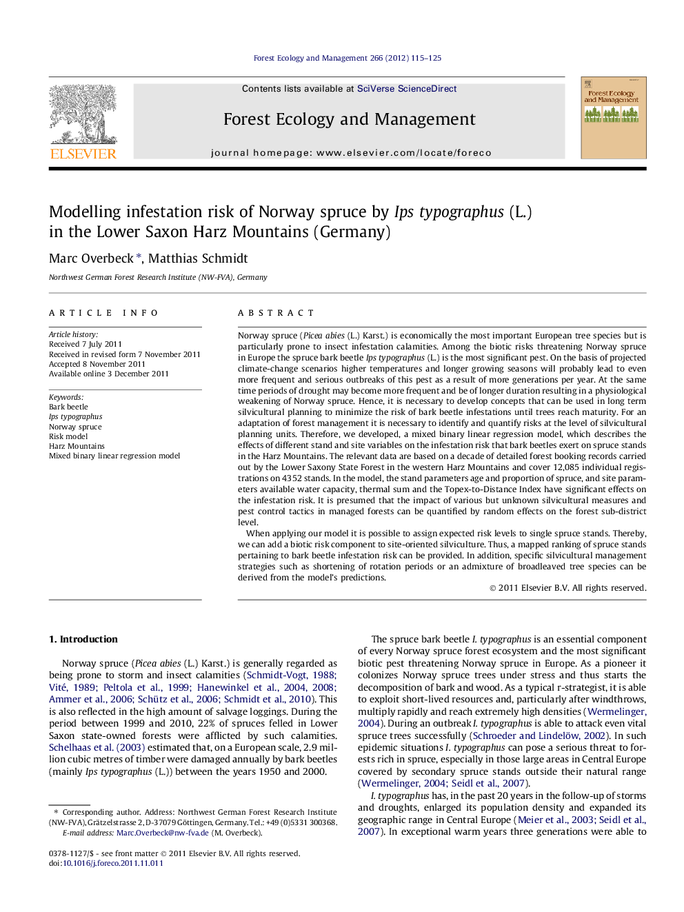 Modelling infestation risk of Norway spruce by Ips typographus (L.) in the Lower Saxon Harz Mountains (Germany)