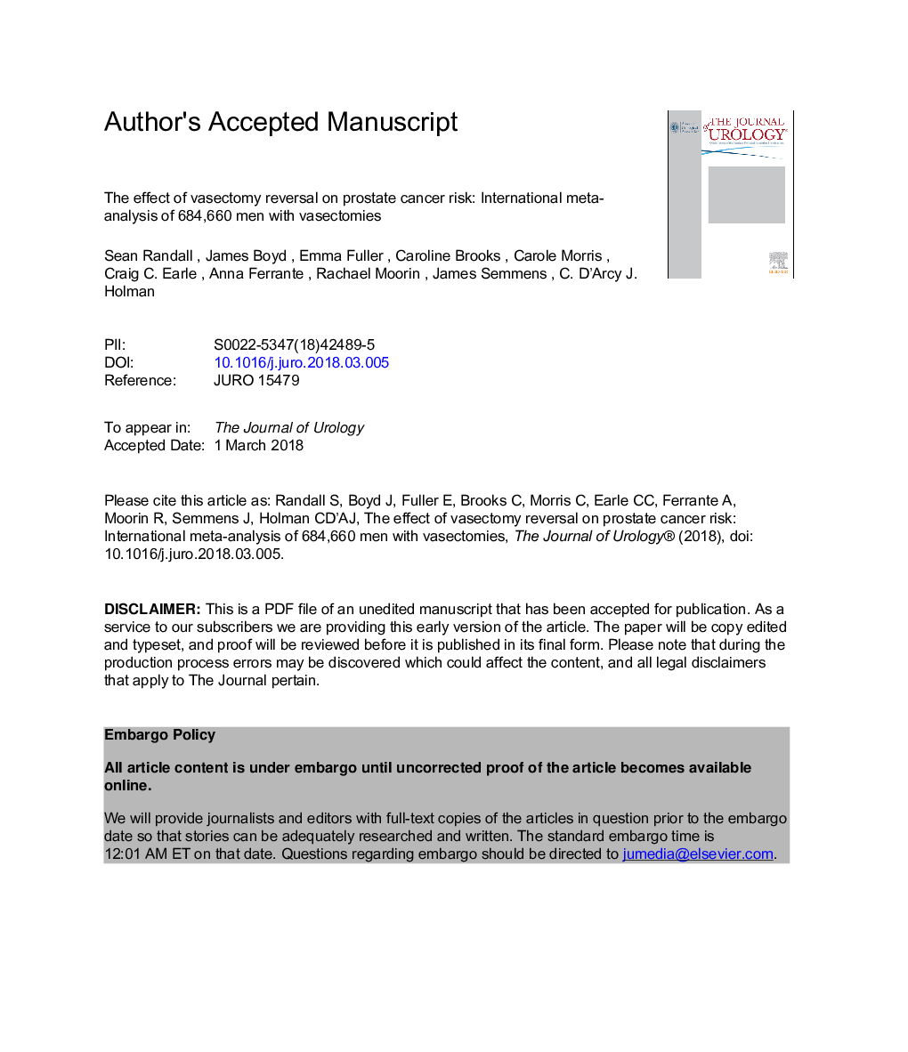 The Effect of Vasectomy Reversal on Prostate Cancer Risk: International Meta-Analysis of 684,660 Vasectomized Men