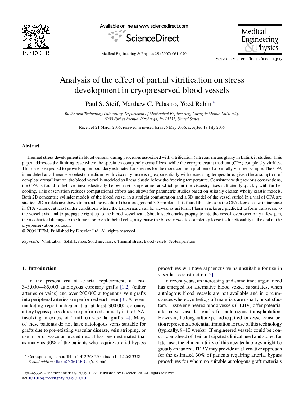 Analysis of the effect of partial vitrification on stress development in cryopreserved blood vessels