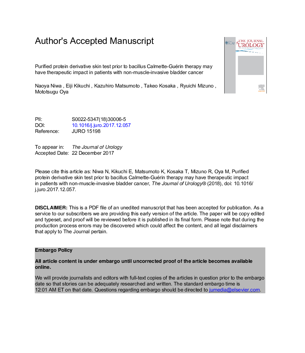 Purified Protein Derivative Skin test prior to bacillus Calmette-Guérin Therapy May have Therapeutic Impact in Patients with Nonmuscle Invasive Bladder Cancer