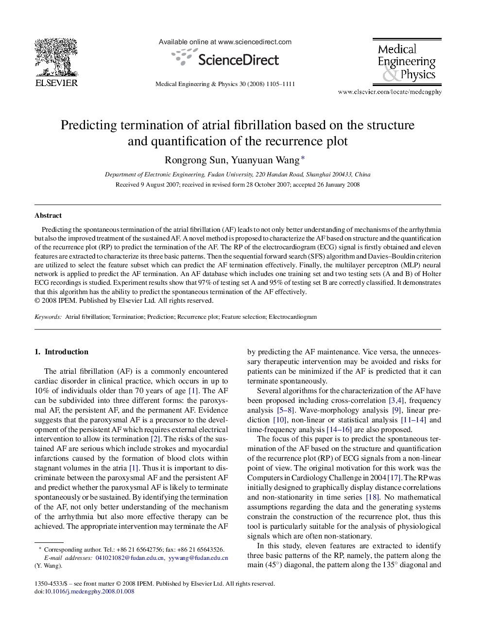 Predicting termination of atrial fibrillation based on the structure and quantification of the recurrence plot