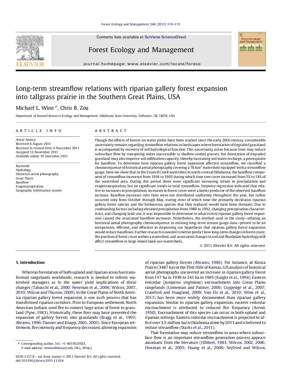 عکس صفحه اول مقاله: Long-term streamflow relations with riparian gallery forest expansion into tallgrass prairie in the Southern Great Plains, USA Long-term streamflow relations with riparian gallery forest expansion into tallgrass prairie in the Southern Great Plains, USA