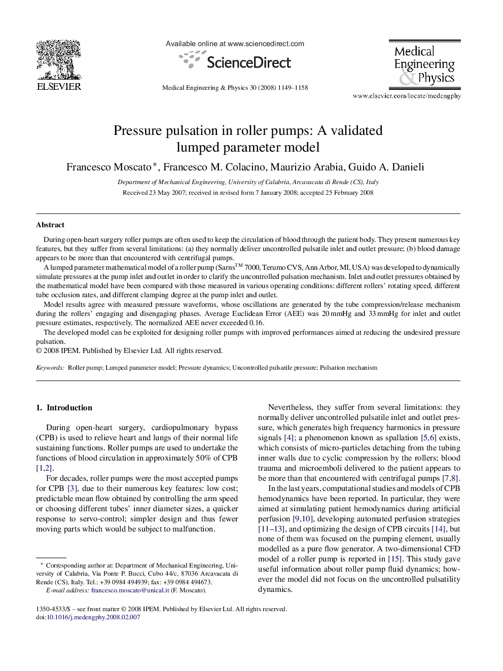 Pressure pulsation in roller pumps: A validated lumped parameter model