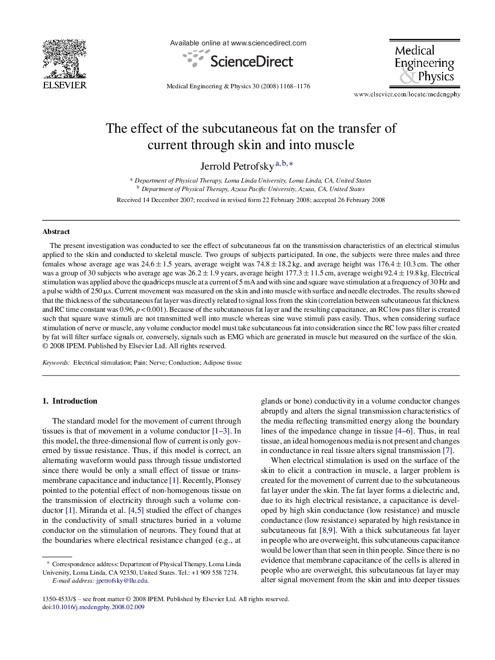 The effect of the subcutaneous fat on the transfer of current through skin and into muscle