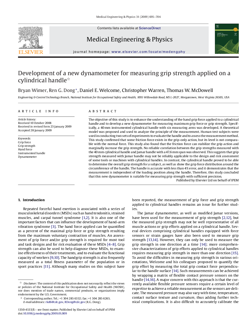 Development of a new dynamometer for measuring grip strength applied on a cylindrical handle 