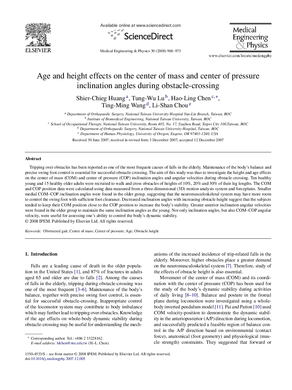 Age and height effects on the center of mass and center of pressure inclination angles during obstacle-crossing