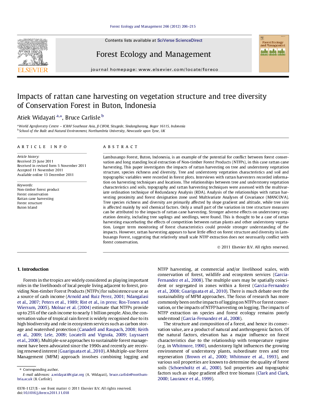 Impacts of rattan cane harvesting on vegetation structure and tree diversity of Conservation Forest in Buton, Indonesia