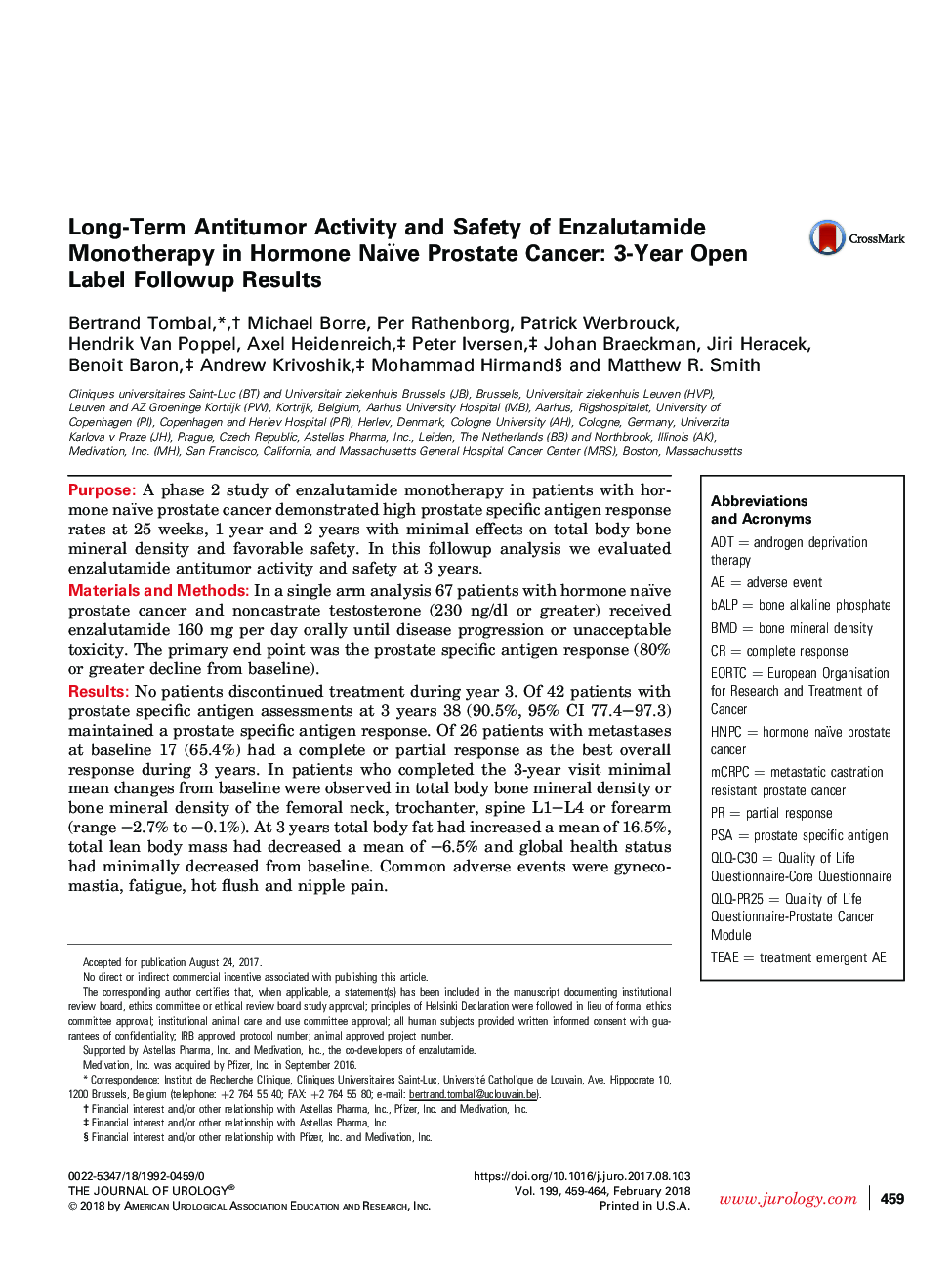 Long-Term Antitumor Activity and Safety of Enzalutamide Monotherapy in Hormone Naïve Prostate Cancer: 3-Year Open Label Followup Results