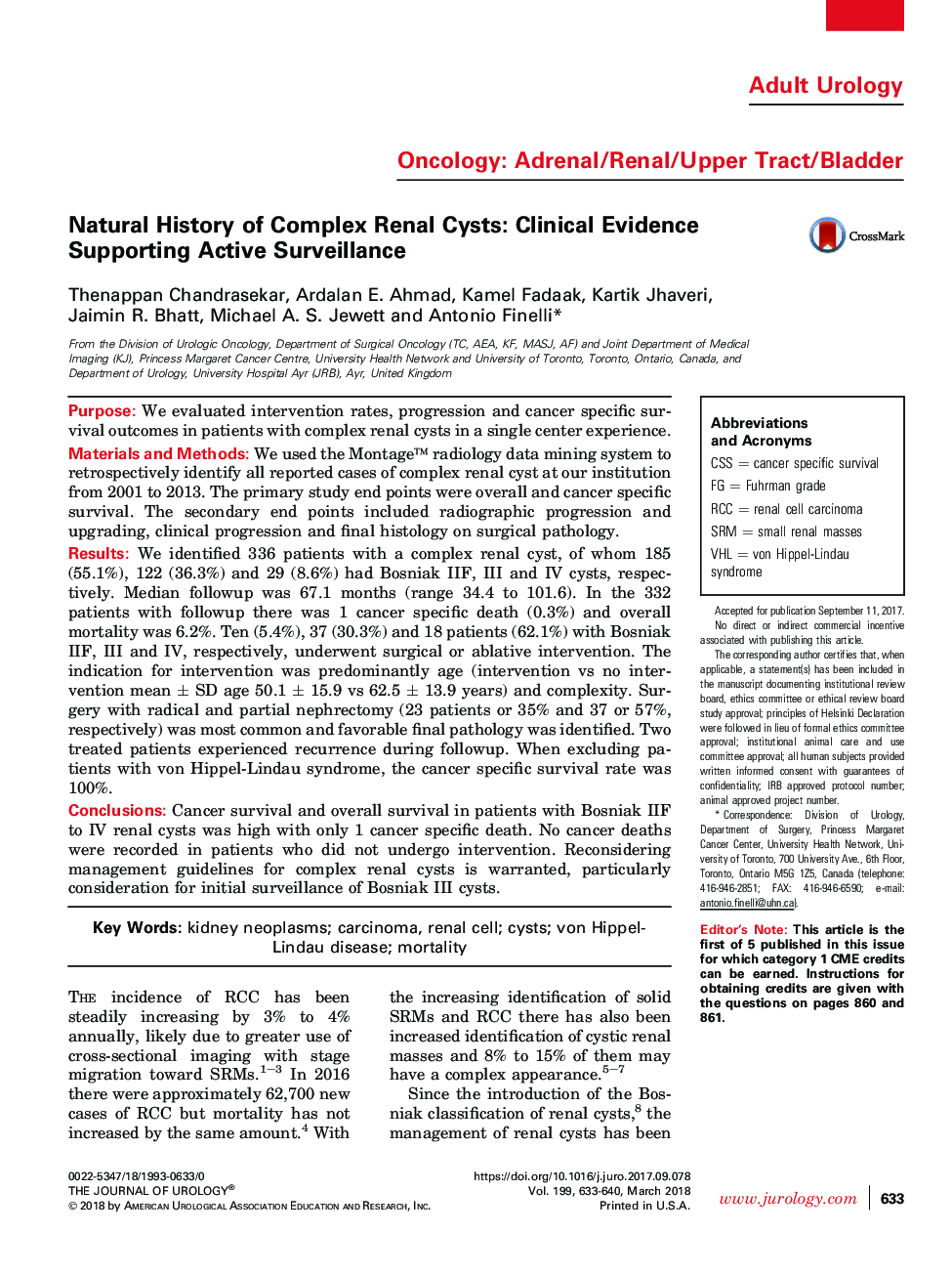 تاریخ طبیعی کیست های مجتمع کلیه: شواهد بالینی حمایت از نظارت فعال 