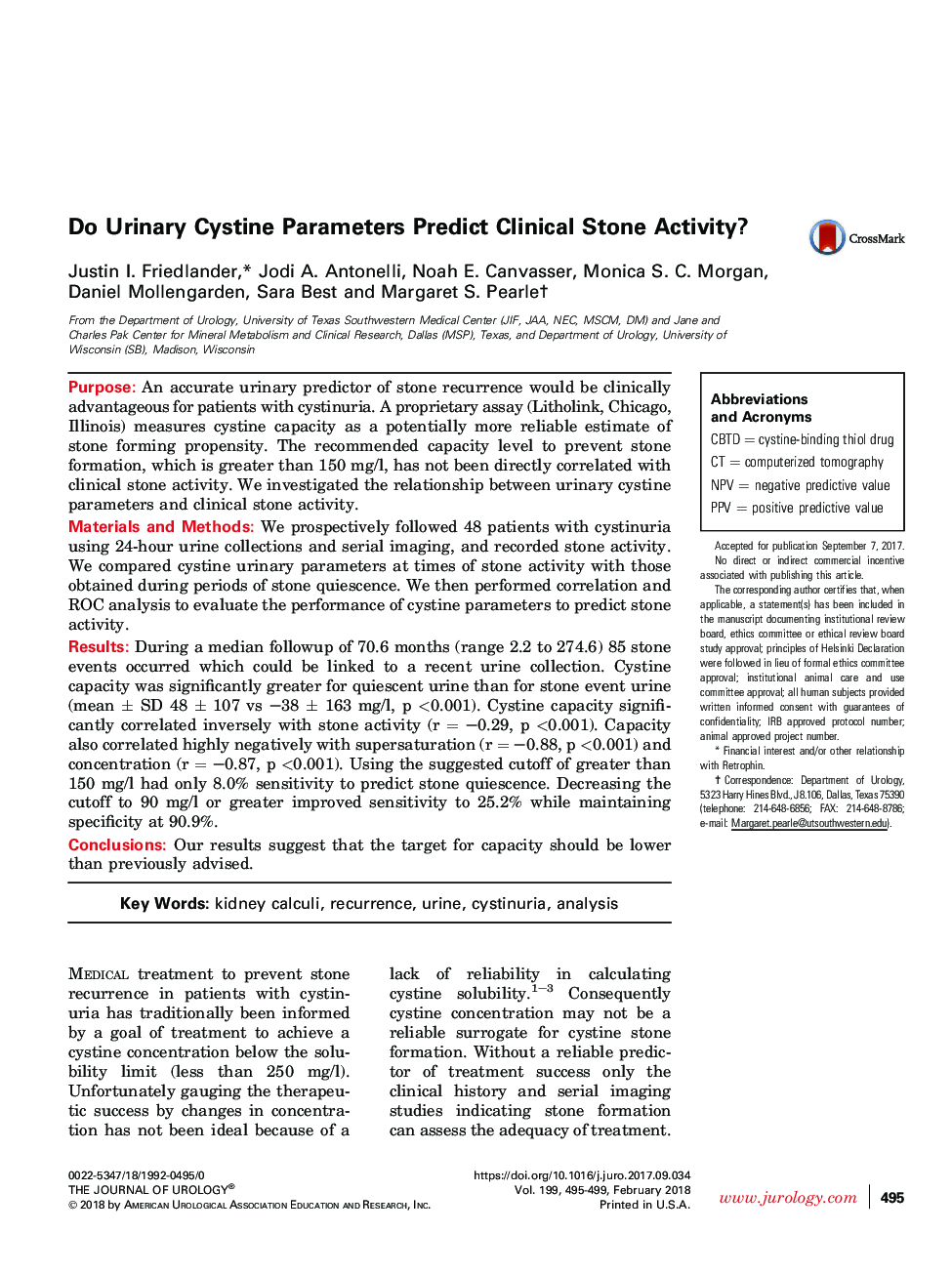 Do Urinary Cystine Parameters Predict Clinical Stone Activity?