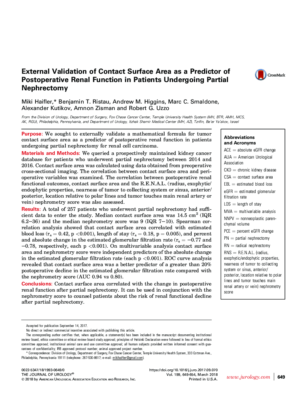 External Validation of Contact Surface Area as a Predictor of Postoperative Renal Function in Patients Undergoing Partial Nephrectomy