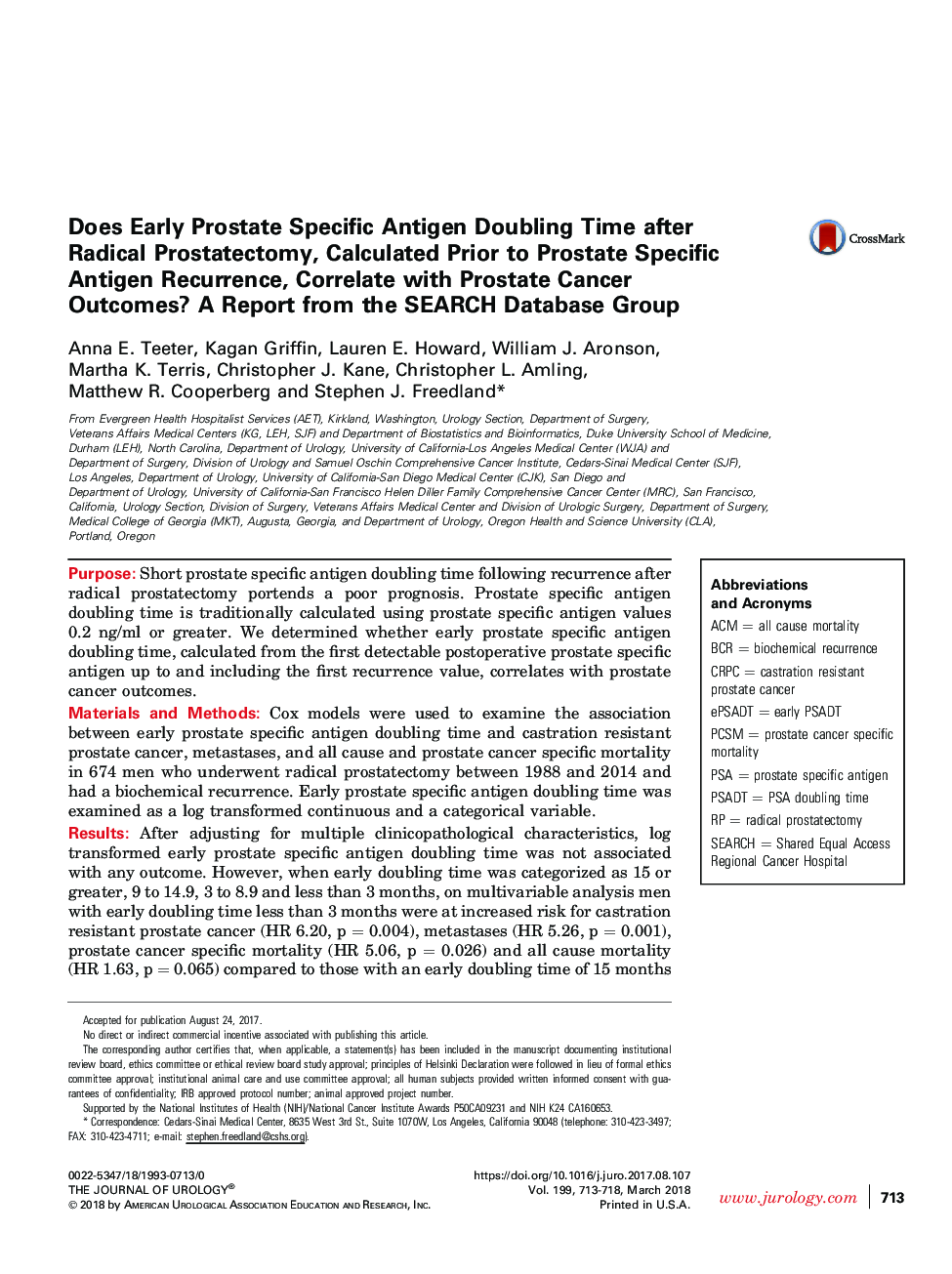 Does Early Prostate Specific Antigen Doubling Time after Radical Prostatectomy, Calculated Prior to Prostate Specific Antigen Recurrence, Correlate with Prostate Cancer Outcomes? A Report from the SEARCH Database Group