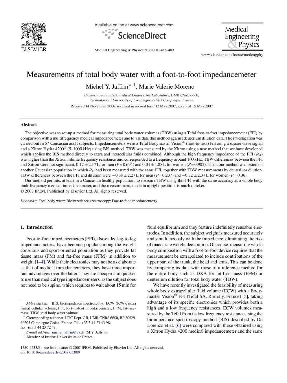 Measurements of total body water with a foot-to-foot impedancemeter