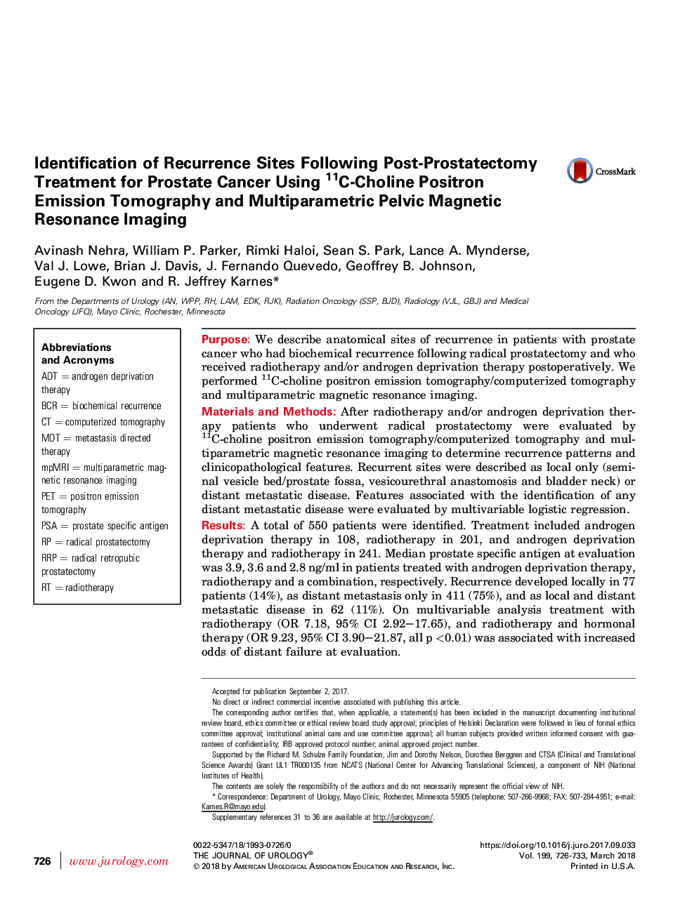 Identification of Recurrence Sites Following Post-Prostatectomy Treatment for Prostate Cancer Using 11C-Choline Positron Emission Tomography and Multiparametric Pelvic Magnetic Resonance Imaging