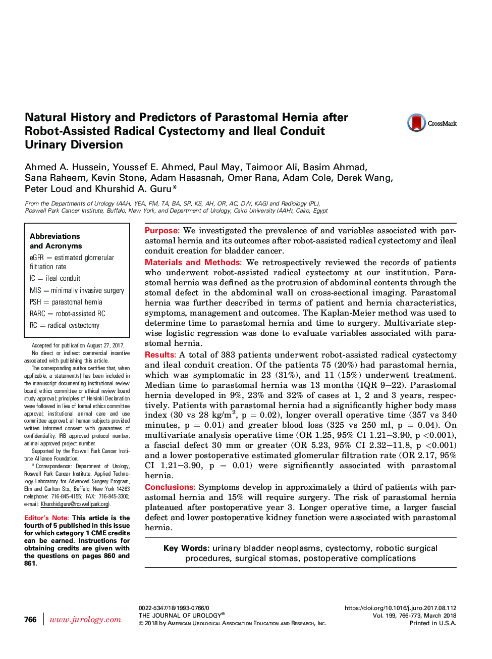 Natural History and Predictors of Parastomal Hernia after Robot-Assisted Radical Cystectomy and Ileal Conduit Urinary Diversion