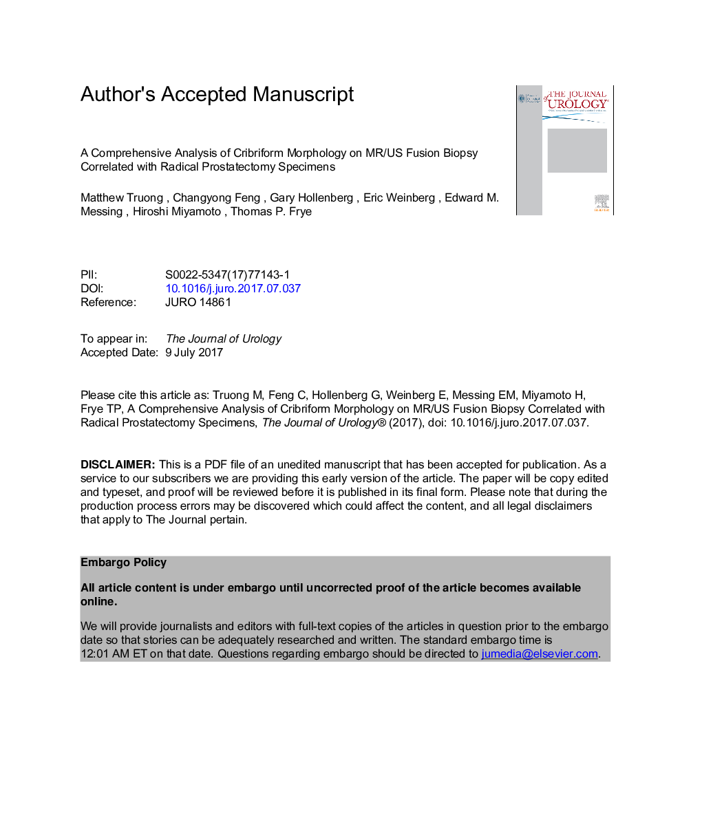 A Comprehensive Analysis of Cribriform Morphology on Magnetic Resonance Imaging/Ultrasound Fusion Biopsy Correlated with Radical Prostatectomy Specimens