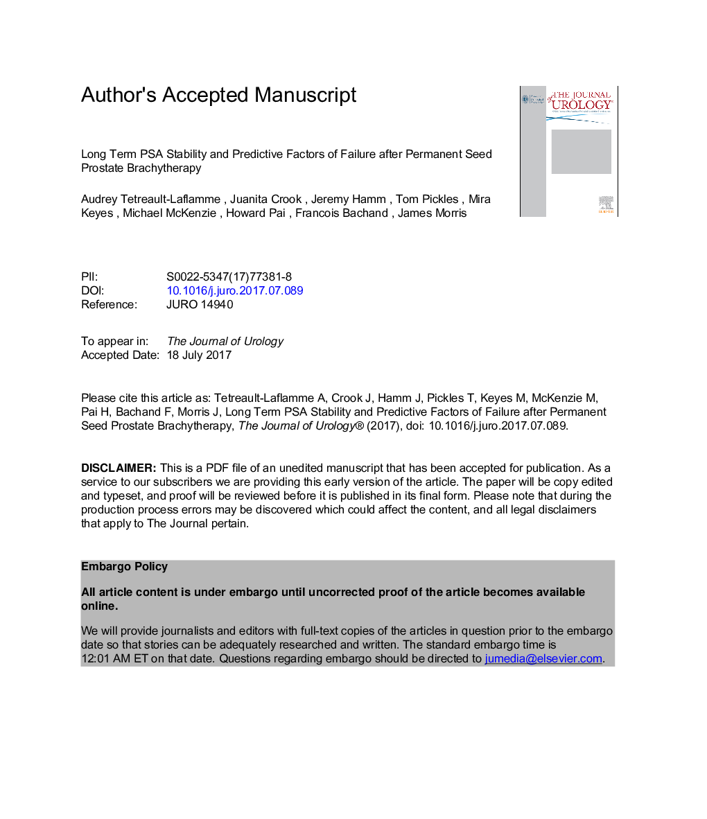 Long-Term Prostate Specific Antigen Stability and Predictive Factors of Failure after Permanent Seed Prostate Brachytherapy