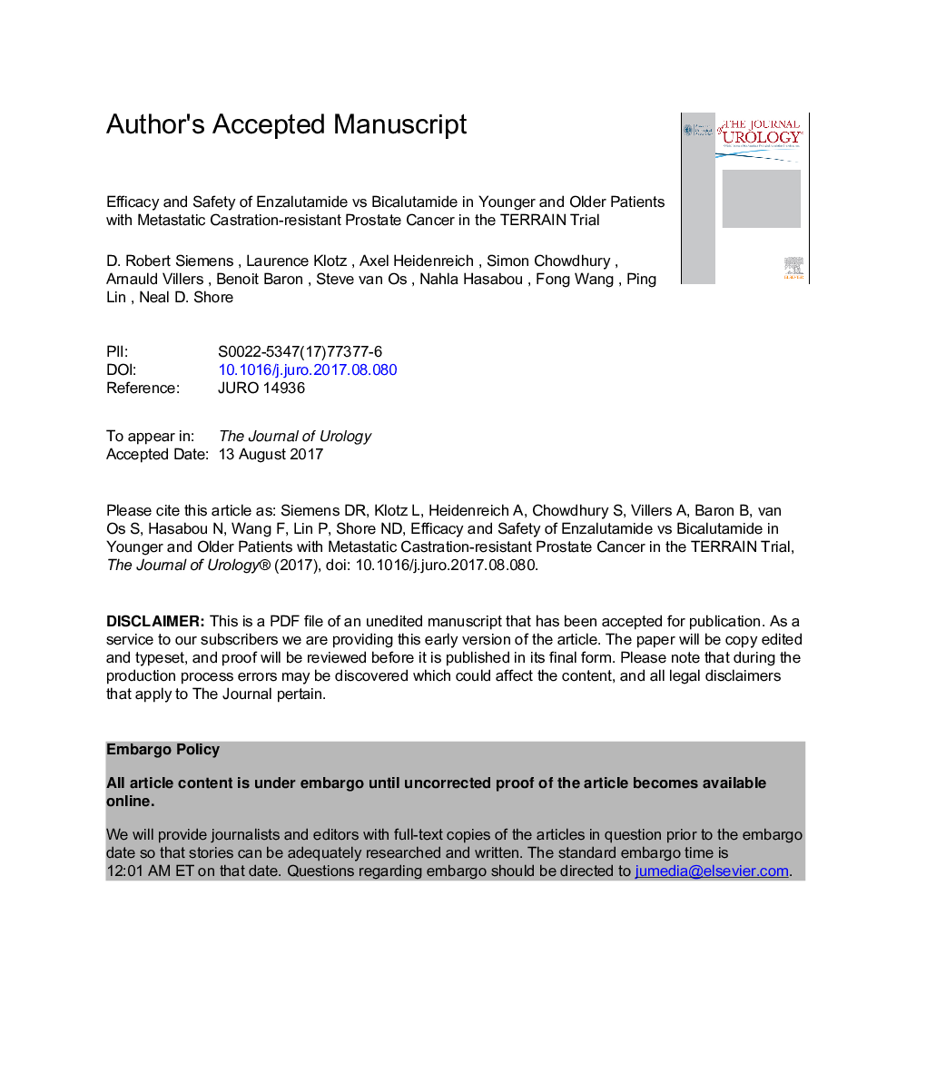 Efficacy and Safety of Enzalutamide vs Bicalutamide in Younger and Older Patients with Metastatic Castration Resistant Prostate Cancer in the TERRAIN Trial