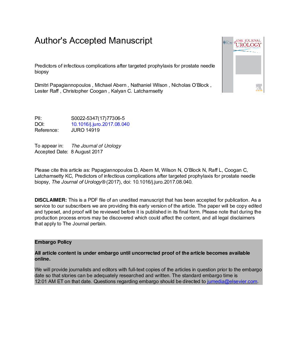 Predictors of Infectious Complications after Targeted Prophylaxis for Prostate Needle Biopsy