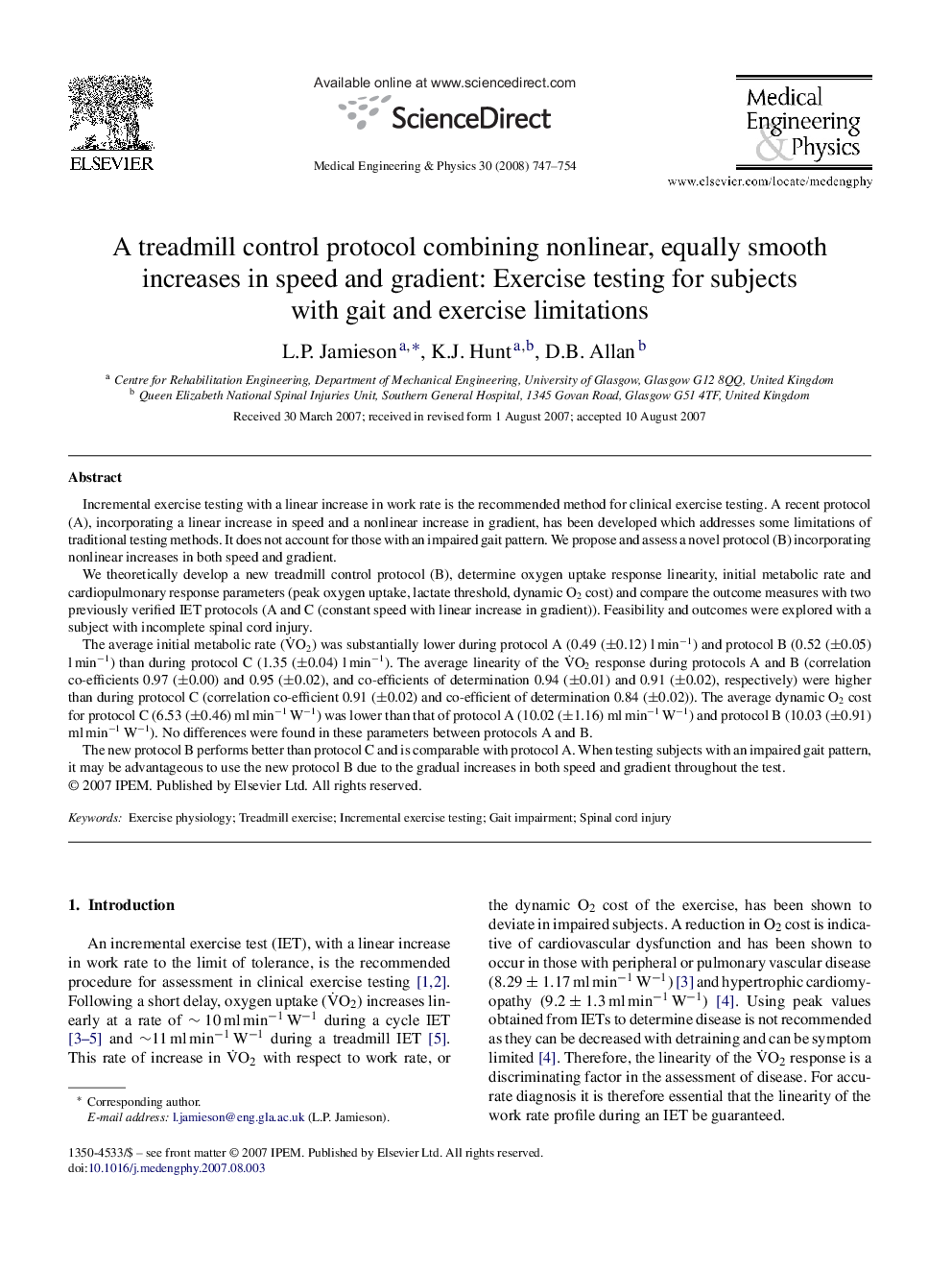 A treadmill control protocol combining nonlinear, equally smooth increases in speed and gradient: Exercise testing for subjects with gait and exercise limitations