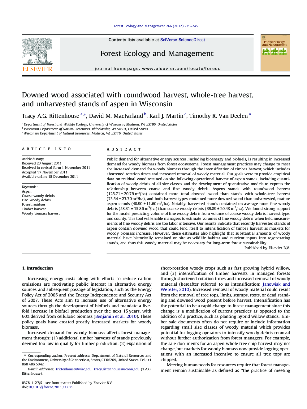 Downed wood associated with roundwood harvest, whole-tree harvest, and unharvested stands of aspen in Wisconsin