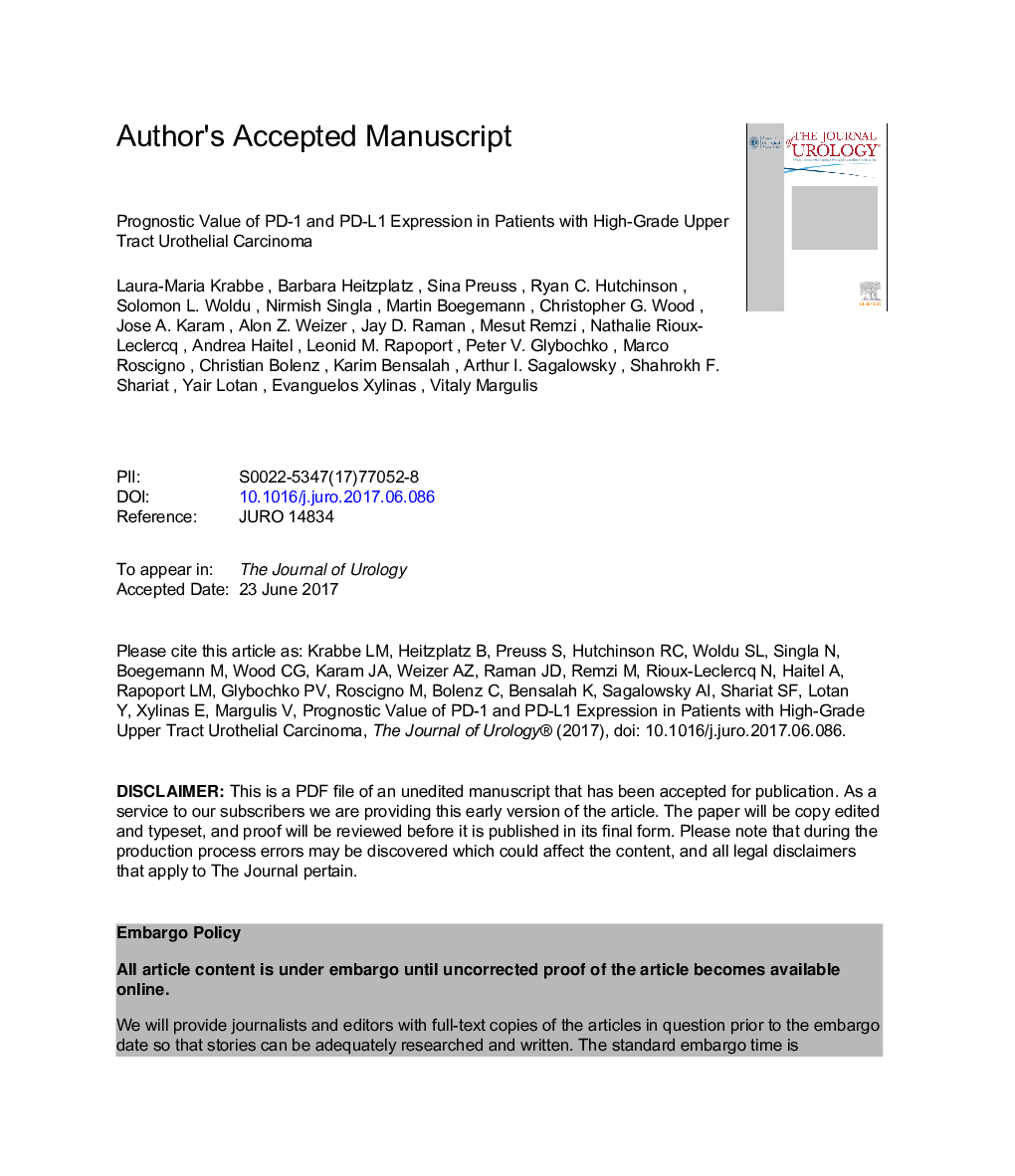 Prognostic Value of PD-1 and PD-L1 Expression in Patients with High Grade Upper Tract Urothelial Carcinoma