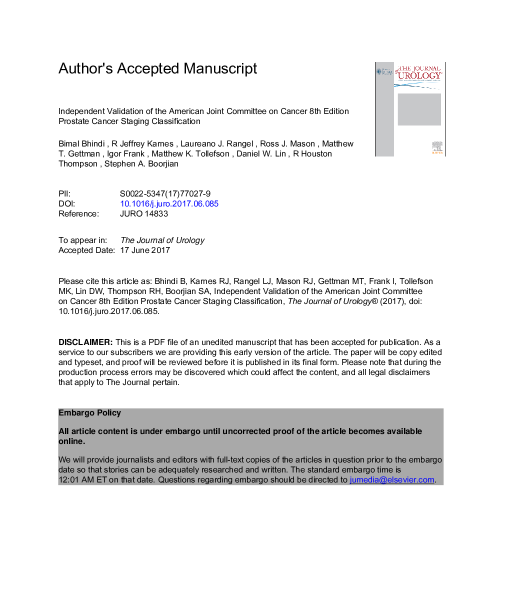 Independent Validation of the American Joint Committee on Cancer 8th Edition Prostate Cancer Staging Classification