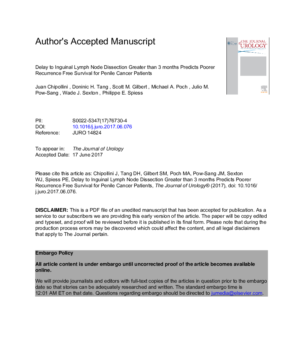 Delay to Inguinal Lymph Node Dissection Greater than 3 Months Predicts Poorer Recurrence-Free Survival for Patients with Penile Cancer