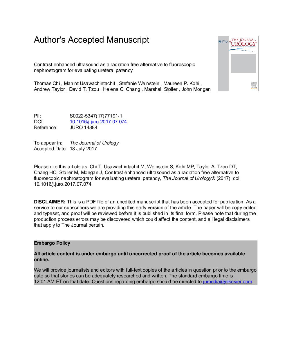 Contrast Enhanced Ultrasound as a Radiation-Free Alternative to Fluoroscopic Nephrostogram for Evaluating Ureteral Patency