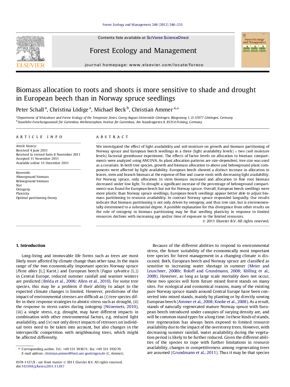 Biomass allocation to roots and shoots is more sensitive to shade and drought in European beech than in Norway spruce seedlings