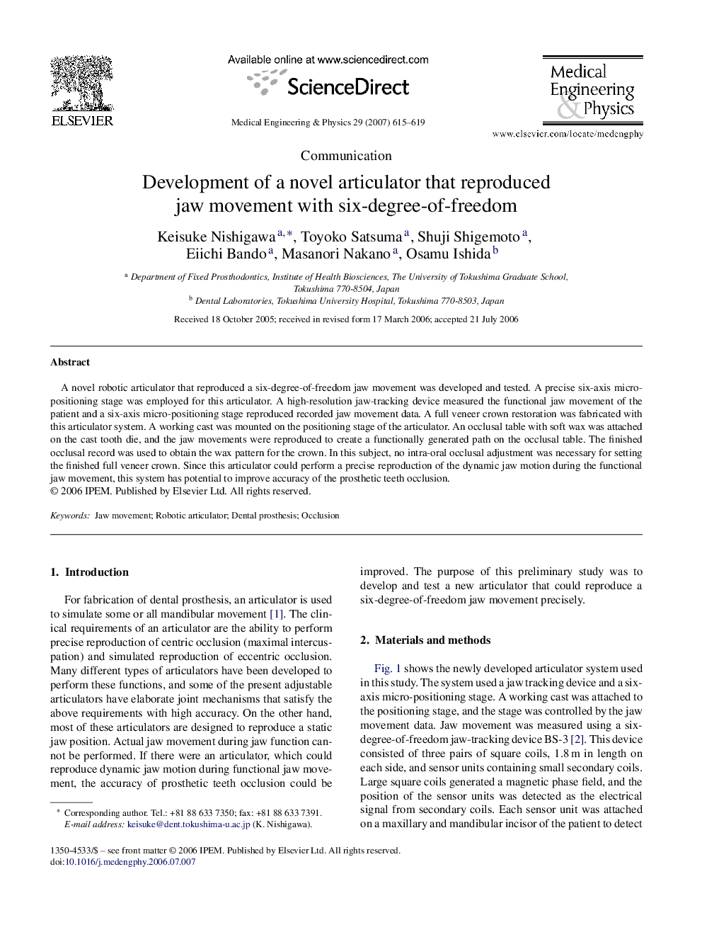 Development of a novel articulator that reproduced jaw movement with six-degree-of-freedom