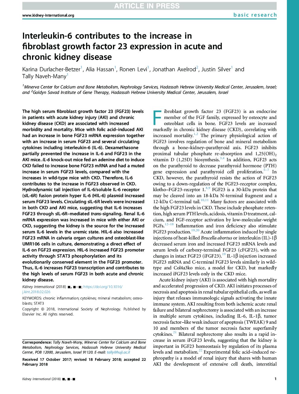 Interleukin-6 contributes to the increase in fibroblast growth factor 23 expression in acute andÂ chronic kidney disease