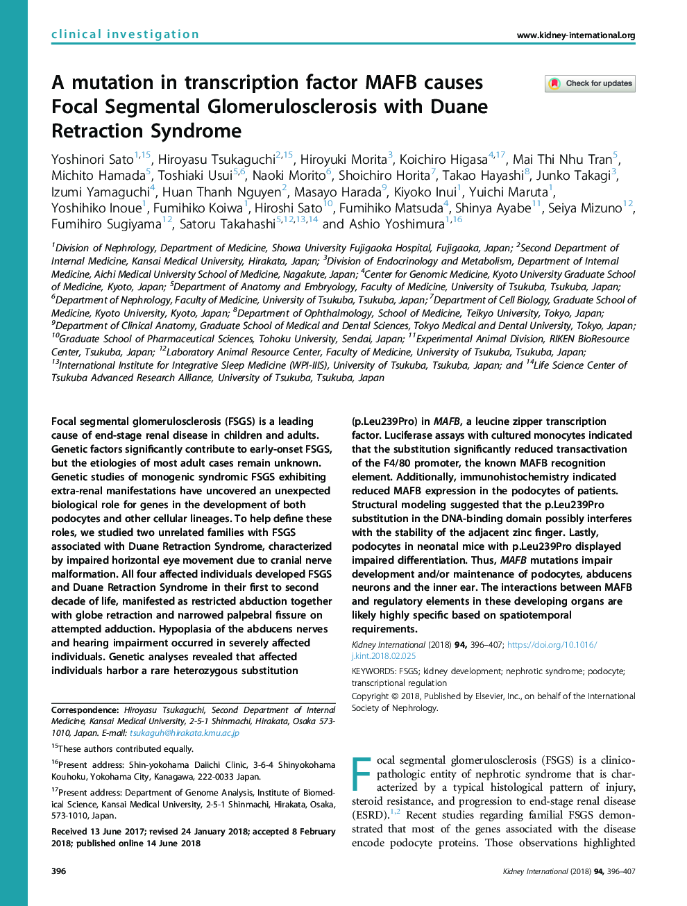 A mutation in transcription factor MAFB causes Focal Segmental Glomerulosclerosis with Duane Retraction Syndrome