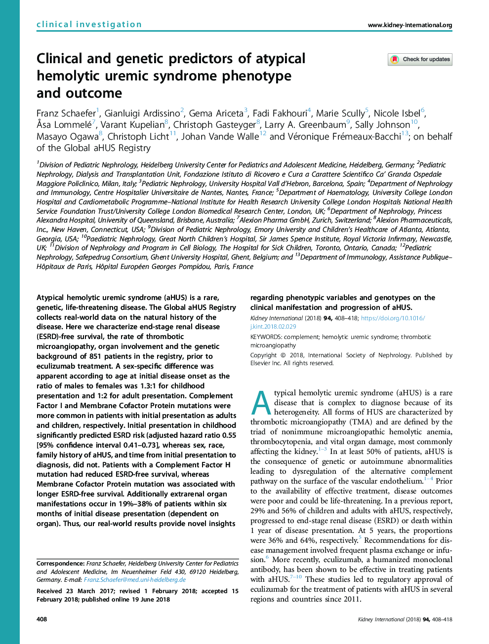 Clinical and genetic predictors of atypical hemolytic uremic syndrome phenotype andÂ outcome